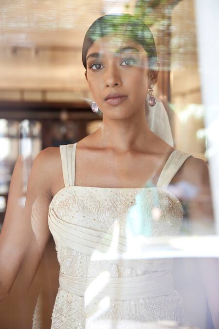 Shop_Parshya_Beige Viscose, Jacquard, Linen Pearls, Sequins, Bloom Paradise Embroidered Gown _Online_at_Aza_Fashions