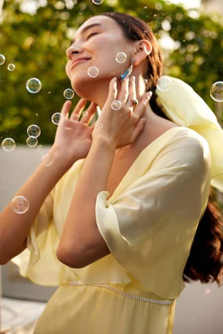 Buy_Parshya_Yellow Viscose, Georgette, Satin Pearls V-neck Cape Sleeves Maxi Gown _Online_at_Aza_Fashions