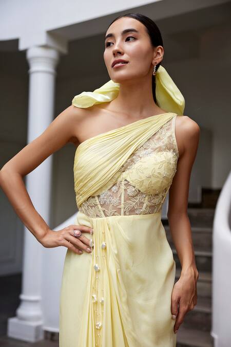 Buy_Parshya_Yellow Viscose, Georgette Embroidery One Blossom Cut Work Embellished Gown _Online_at_Aza_Fashions