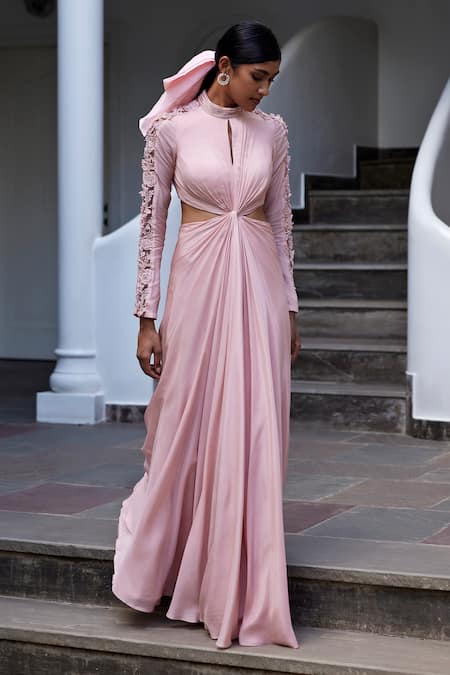 Parshya_Pink Viscose, Satin Embroidery Round Petunia Bloom Panelled Sleeves Draped Gown _Online_at_Aza_Fashions