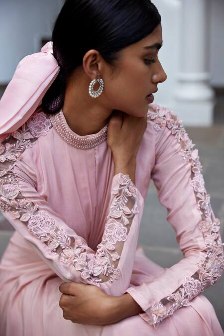 Buy_Parshya_Pink Viscose, Satin Embroidery Round Petunia Bloom Panelled Sleeves Draped Gown _Online_at_Aza_Fashions