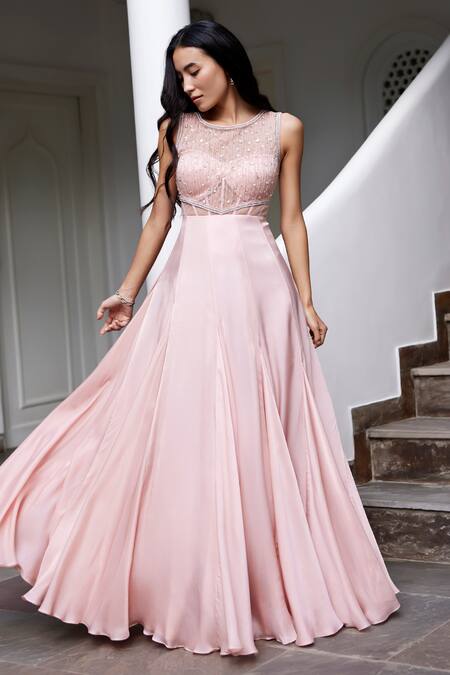 Buy_Parshya_Pink Viscose, Georgette, Satin Pearls, Embellished Corset Bodice Flared Gown _Online_at_Aza_Fashions