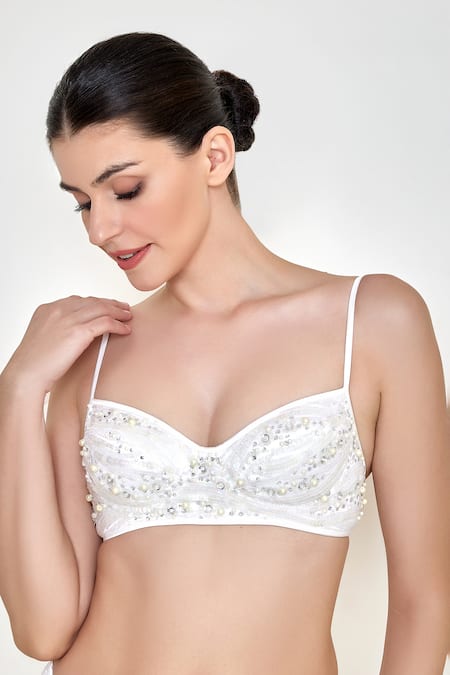 Dilnaz White Polyester Satin Embroidered Thread Sweetheart Sequin Embellished Bustier Online at Aza Fashions Dilnaz_White Polyester Satin Embroidered Thread Sweetheart Sequin Embellished Bustier_Online_at_Aza_Fashions