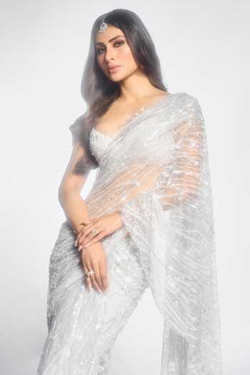 Dilnaz_Grey Net Hand Embroidery Sequin Saree _Online_at_Aza_Fashions