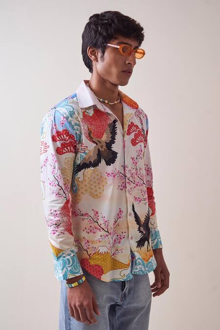 Loudless_Multi Color Cotton Embroidery Flaminglet Print Shirt_Online_at_Aza_Fashions
