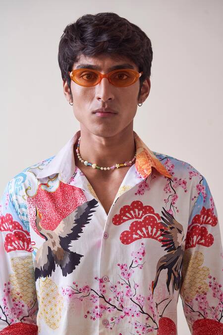 Buy_Loudless_Multi Color Cotton Embroidery Flaminglet Print Shirt_Online_at_Aza_Fashions