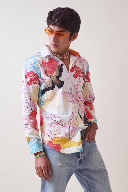 Shop_Loudless_Multi Color Cotton Embroidery Flaminglet Print Shirt_Online_at_Aza_Fashions