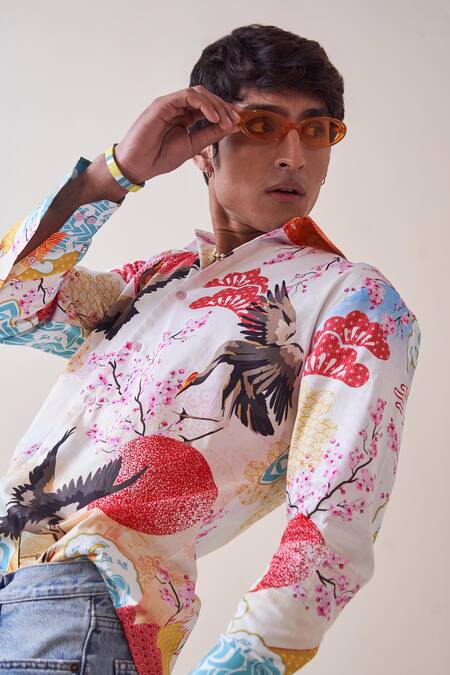Loudless_Multi Color Cotton Embroidery Flaminglet Print Shirt_at_Aza_Fashions
