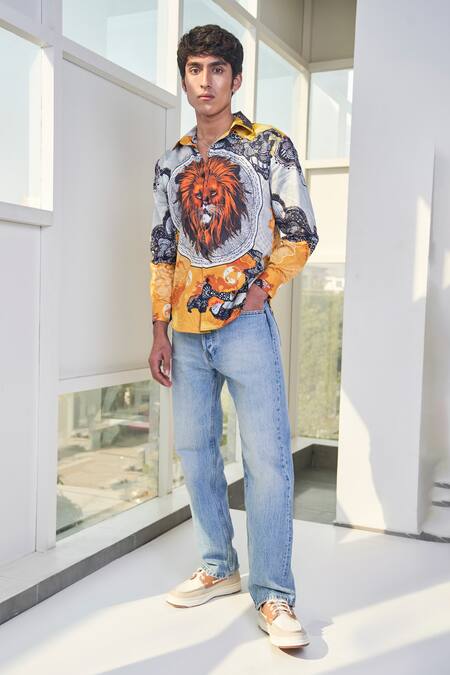 Shop_Loudless_Multi Color Cotton Embroidery Lejonet Print Shirt _at_Aza_Fashions