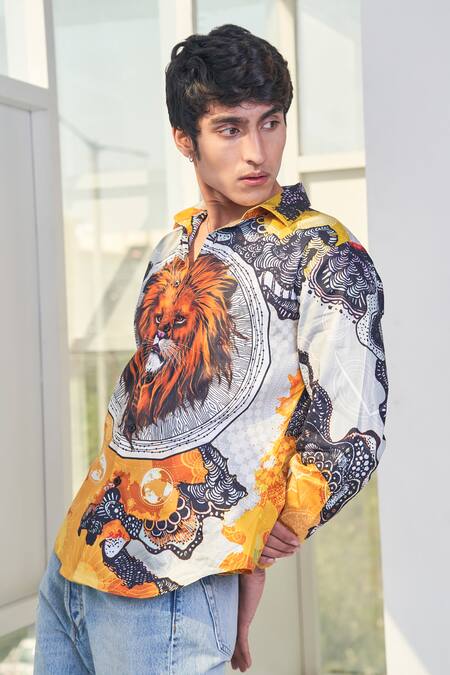 Loudless_Multi Color Cotton Embroidery Lejonet Print Shirt _Online_at_Aza_Fashions