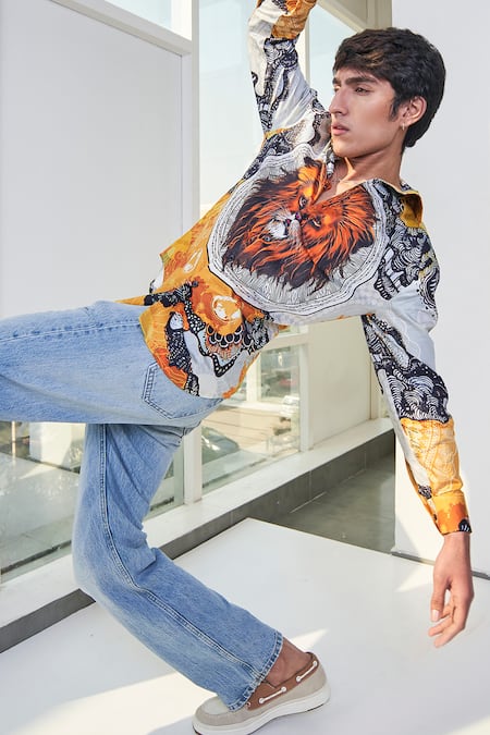 Buy_Loudless_Multi Color Cotton Embroidery Lejonet Print Shirt _Online_at_Aza_Fashions