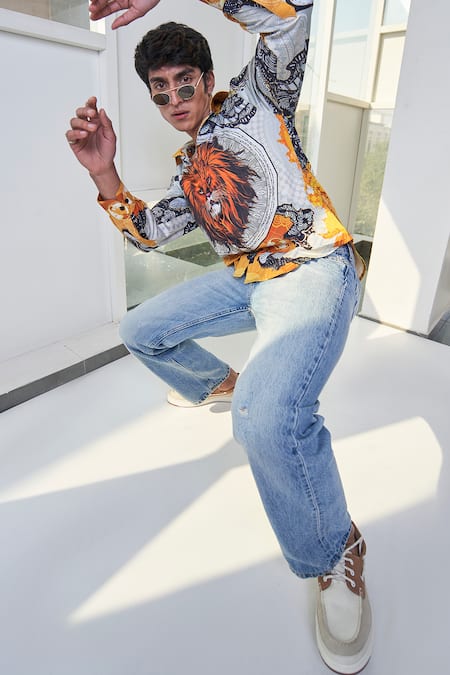 Shop_Loudless_Multi Color Cotton Embroidery Lejonet Print Shirt _Online_at_Aza_Fashions