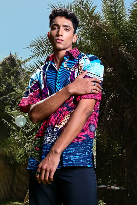 Loudless_Multi Color Cotton Embroidery Robtier Print Shirt_Online_at_Aza_Fashions