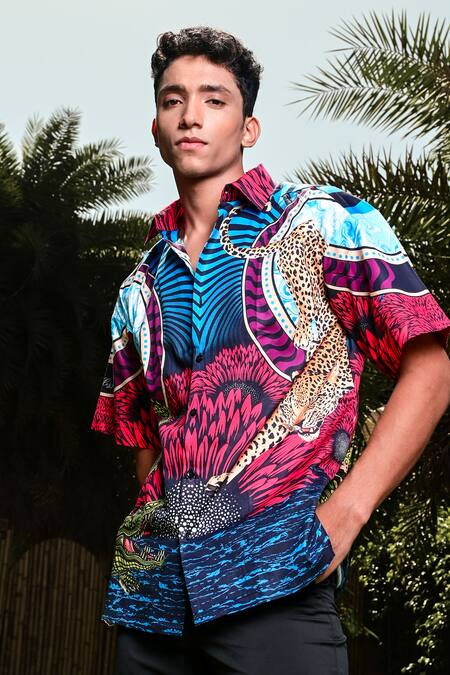 Loudless_Multi Color Cotton Embroidery Robtier Print Shirt_at_Aza_Fashions