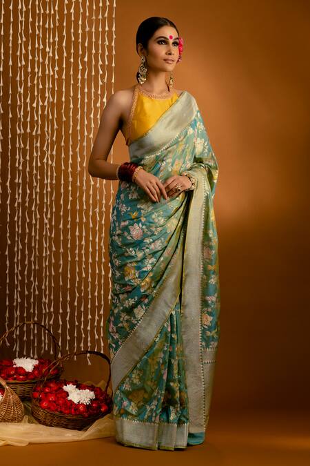 Buy Priyal Bhardwaj Green Brocade Embroidery Rose Pattern Banarasi Handwoven Saree Online at Aza Fashions Buy_Priyal Bhardwaj_Green Brocade Embroidery Rose Pattern Banarasi Handwoven Saree _Online_at_Aza_Fashions
