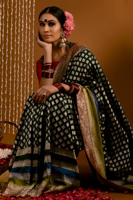 Shop_Priyal Bhardwaj_Green Brocade Zari Vintage Pattern Banarasi Handwoven Saree _Online_at_Aza_Fashions