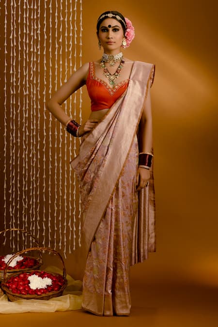 Priyal Bhardwaj Pink Banarasi Silk Handwoven Floral Jaal And Geometric Pattern Saree 