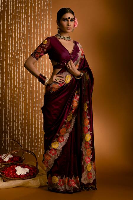 Priyal Bhardwaj_Purple Silk Embroidery Banarasi Handwoven Bordered Saree _Online_at_Aza_Fashions