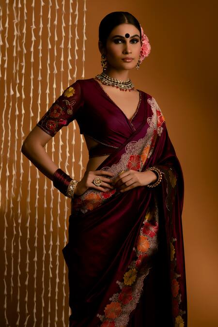 Buy_Priyal Bhardwaj_Purple Silk Embroidery Banarasi Handwoven Bordered Saree _Online_at_Aza_Fashions