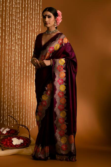 Shop_Priyal Bhardwaj_Purple Silk Embroidery Banarasi Handwoven Bordered Saree _Online_at_Aza_Fashions