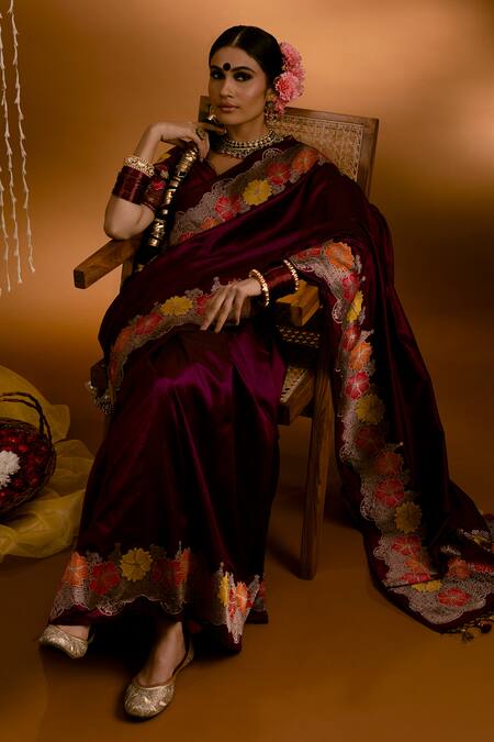 Priyal Bhardwaj_Purple Silk Embroidery Banarasi Handwoven Bordered Saree _at_Aza_Fashions