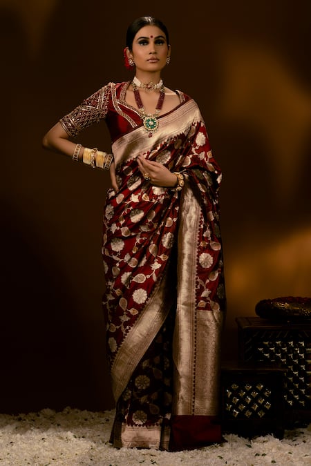 Alia Red Banarasi Soft Silk Saree With Magnetic Blouse Piece – Zariknyaa