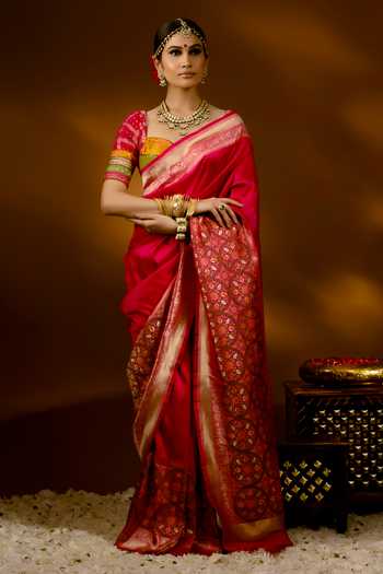 Priyal Bhardwaj Pink Brocade Zari Vintage Banarasi Handwoven Bordered Saree Online at Aza Fashions Priyal Bhardwaj_Pink Brocade Zari Vintage Banarasi Handwoven Bordered Saree_Online_at_Aza_Fashions