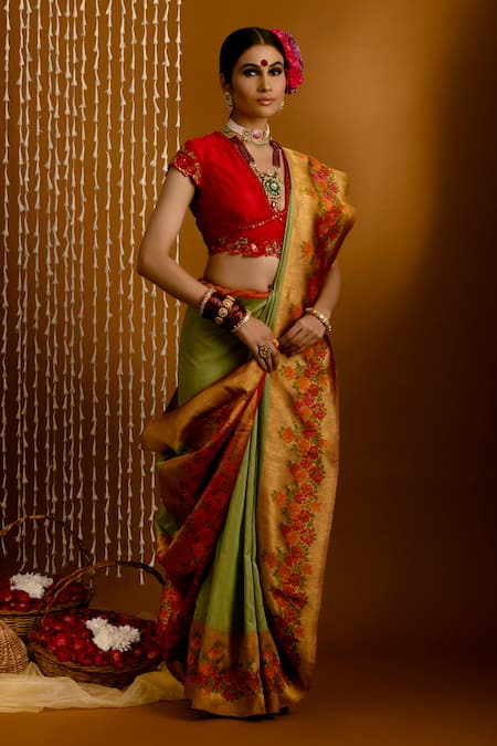 Priyal Bhardwaj Green Brocade Embroidery Banarasi Handwoven Floral Bordered Saree Online at Aza Fashions Priyal Bhardwaj_Green Brocade Embroidery Banarasi Handwoven Floral Bordered Saree _Online_at_Aza_Fashions