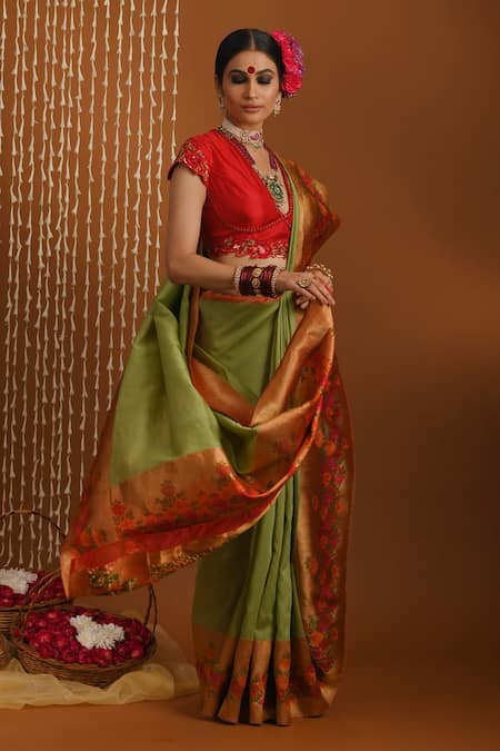 Buy Priyal Bhardwaj Green Brocade Embroidery Banarasi Handwoven Floral Bordered Saree Online at Aza Fashions Buy_Priyal Bhardwaj_Green Brocade Embroidery Banarasi Handwoven Floral Bordered Saree _Online_at_Aza_Fashions
