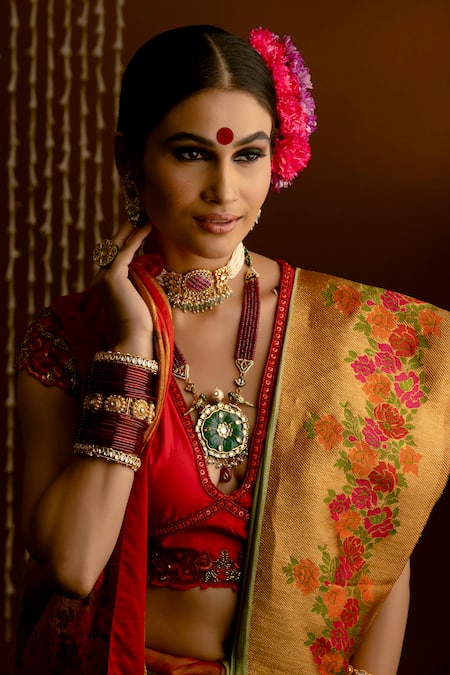 Shop Priyal Bhardwaj Green Brocade Embroidery Banarasi Handwoven Floral Bordered Saree Online at Aza Fashions Shop_Priyal Bhardwaj_Green Brocade Embroidery Banarasi Handwoven Floral Bordered Saree _Online_at_Aza_Fashions