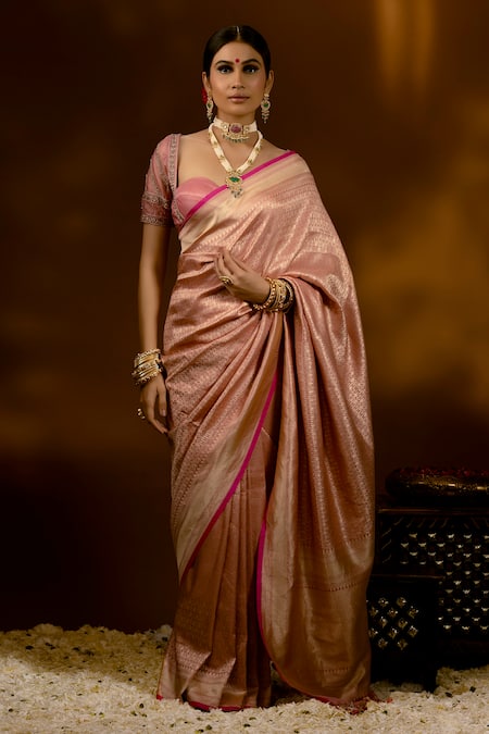 Priyal Bhardwaj Pink Banarasi Silk Handwoven Chevron And Vintage Pattern Saree 