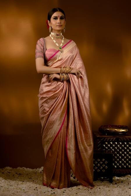 Shop_Priyal Bhardwaj_Pink Silk Handwoven Chevron Pattern Banarasi Saree _Online_at_Aza_Fashions