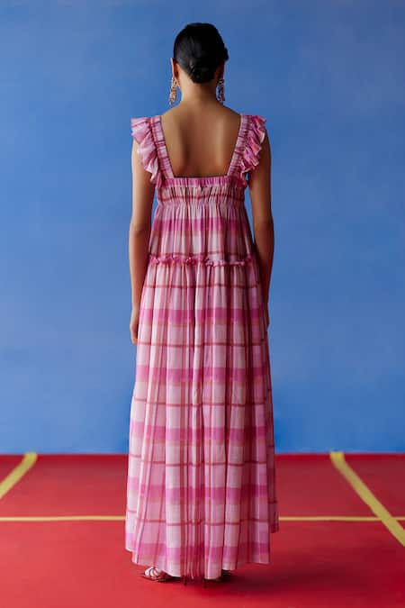 Shop Uri By Mrunalini Rao Pink Cotton Ruffles Square Neck Confetti Checkered Pattern Tiered Maxi Dress at Aza Fashions Shop_Uri By Mrunalini Rao_Pink Cotton Ruffles Square Neck Confetti Checkered Pattern Tiered Maxi Dress _at_Aza_Fashions