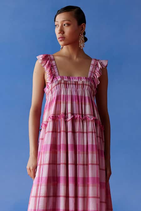 Buy Uri By Mrunalini Rao Pink Cotton Ruffles Square Neck Confetti Checkered Pattern Tiered Maxi Dress Online at Aza Fashions Buy_Uri By Mrunalini Rao_Pink Cotton Ruffles Square Neck Confetti Checkered Pattern Tiered Maxi Dress _Online_at_Aza_Fashions