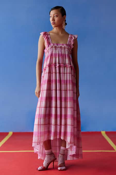 Shop Uri By Mrunalini Rao Pink Cotton Ruffles Square Neck Confetti Checkered Pattern Tiered Maxi Dress Online at Aza Fashions Shop_Uri By Mrunalini Rao_Pink Cotton Ruffles Square Neck Confetti Checkered Pattern Tiered Maxi Dress _Online_at_Aza_Fashions