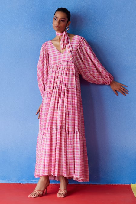 Uri by Mrunalini Rao Pink Organic Fabric Gingham Checkered V Cassia Tiered Maxi Dress  