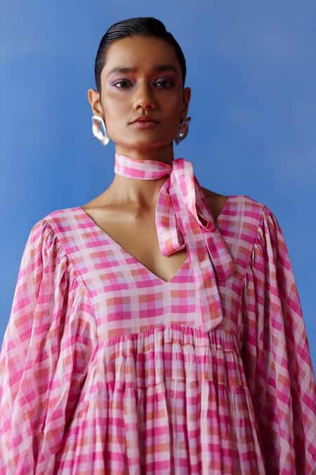 Uri By Mrunalini Rao Pink Cotton V-neck Cassia Gingham Checkered Tiered Maxi Dress Online at Aza Fashions Uri By Mrunalini Rao_Pink Cotton V-neck Cassia Gingham Checkered Tiered Maxi Dress _Online_at_Aza_Fashions