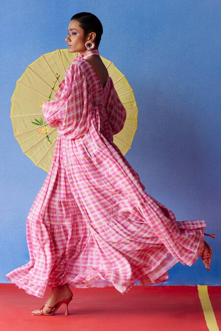 Buy Uri By Mrunalini Rao Pink Cotton V-neck Cassia Gingham Checkered Tiered Maxi Dress Online at Aza Fashions Buy_Uri By Mrunalini Rao_Pink Cotton V-neck Cassia Gingham Checkered Tiered Maxi Dress _Online_at_Aza_Fashions