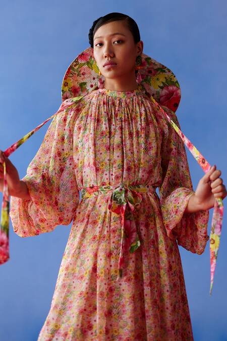 Uri By Mrunalini Rao Multi Color Cotton Round Neck Eden Bloom Garden Print Maxi Dress With Belt Online at Aza Fashions Uri By Mrunalini Rao_Multi Color Cotton Round Neck Eden Bloom Garden Print Maxi Dress With Belt _Online_at_Aza_Fashions