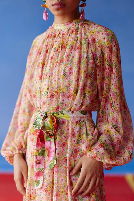 Buy Uri By Mrunalini Rao Multi Color Cotton Round Neck Eden Bloom Garden Print Maxi Dress With Belt Online at Aza Fashions Buy_Uri By Mrunalini Rao_Multi Color Cotton Round Neck Eden Bloom Garden Print Maxi Dress With Belt _Online_at_Aza_Fashions