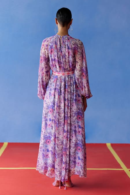 Shop Uri By Mrunalini Rao Purple Cotton Round Neck Eden Blossom Print Maxi Dress With Belt at Aza Fashions Shop_Uri By Mrunalini Rao_Purple Cotton Round Neck Eden Blossom Print Maxi Dress With Belt _at_Aza_Fashions
