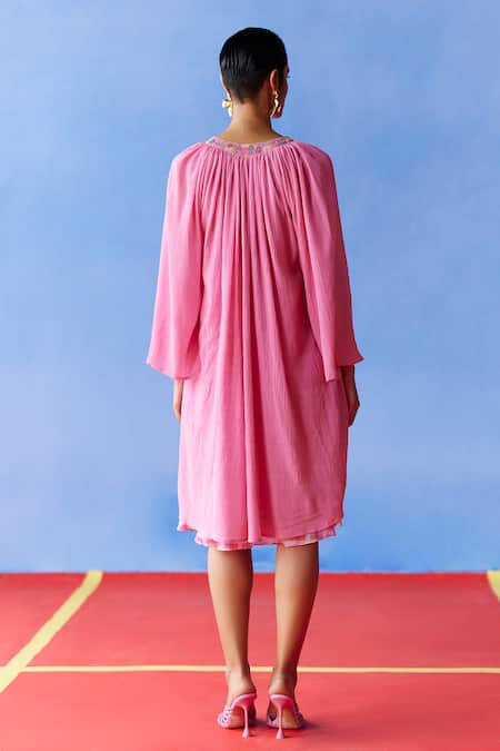 Shop Uri By Mrunalini Rao Pink Cotton Embroidery V-neck Anther Flora Placket Dress With Inner Slip at Aza Fashions Shop_Uri By Mrunalini Rao_Pink Cotton Embroidery V-neck Anther Flora Placket Dress With Inner Slip _at_Aza_Fashions