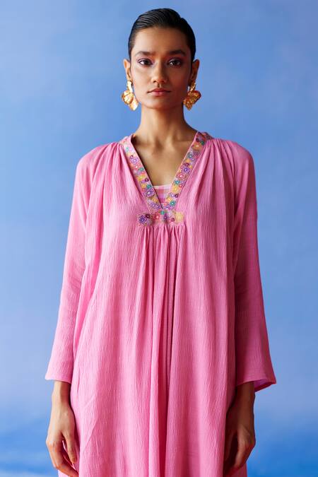 Uri By Mrunalini Rao Pink Cotton Embroidery V-neck Anther Flora Placket Dress With Inner Slip Online at Aza Fashions Uri By Mrunalini Rao_Pink Cotton Embroidery V-neck Anther Flora Placket Dress With Inner Slip _Online_at_Aza_Fashions