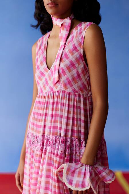Uri By Mrunalini Rao_Pink Cotton V-neck Cinammon Gingham Checkered Midi Dress _Online_at_Aza_Fashions