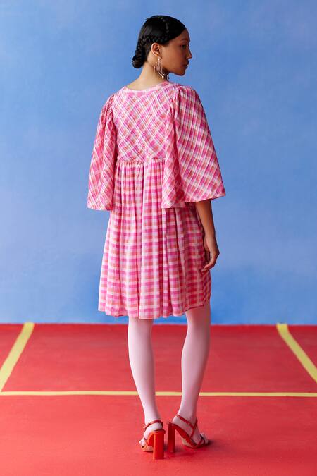 Shop Uri By Mrunalini Rao Pink Cotton Round Neck Cookie Plaid Checkered Short Dress at Aza Fashions Shop_Uri By Mrunalini Rao_Pink Cotton Round Neck Cookie Plaid Checkered Short Dress _at_Aza_Fashions