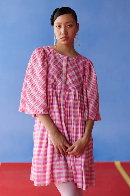 Uri By Mrunalini Rao Pink Cotton Round Neck Cookie Plaid Checkered Short Dress Online at Aza Fashions Uri By Mrunalini Rao_Pink Cotton Round Neck Cookie Plaid Checkered Short Dress _Online_at_Aza_Fashions