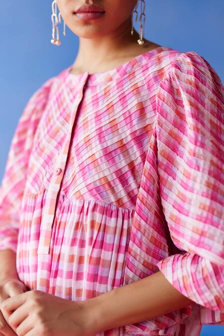 Buy Uri By Mrunalini Rao Pink Cotton Round Neck Cookie Plaid Checkered Short Dress Online at Aza Fashions Buy_Uri By Mrunalini Rao_Pink Cotton Round Neck Cookie Plaid Checkered Short Dress _Online_at_Aza_Fashions