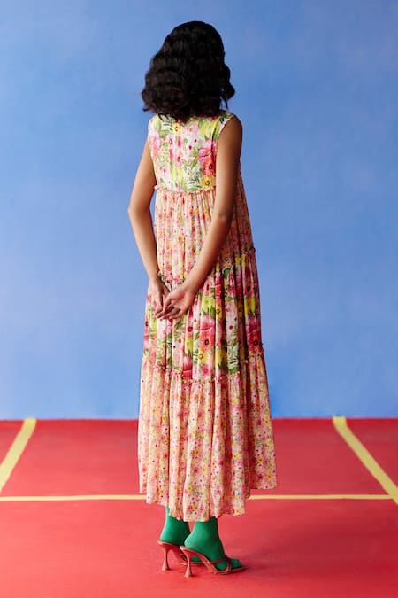 Shop Uri By Mrunalini Rao Multi Color Cotton V-neck Soiree Peony Floral Print Maxi Dress at Aza Fashions Shop_Uri By Mrunalini Rao_Multi Color Cotton V-neck Soiree Peony Floral Print Maxi Dress _at_Aza_Fashions