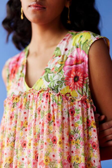 Uri By Mrunalini Rao Multi Color Cotton V-neck Soiree Peony Floral Print Maxi Dress Online at Aza Fashions Uri By Mrunalini Rao_Multi Color Cotton V-neck Soiree Peony Floral Print Maxi Dress _Online_at_Aza_Fashions