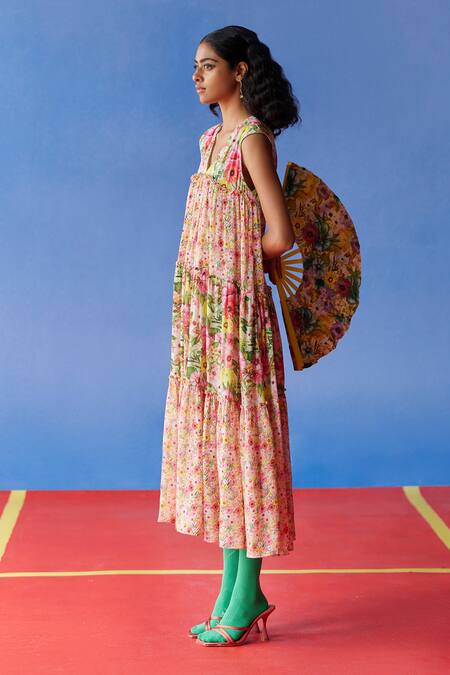 Buy Uri By Mrunalini Rao Multi Color Cotton V-neck Soiree Peony Floral Print Maxi Dress Online at Aza Fashions Buy_Uri By Mrunalini Rao_Multi Color Cotton V-neck Soiree Peony Floral Print Maxi Dress _Online_at_Aza_Fashions